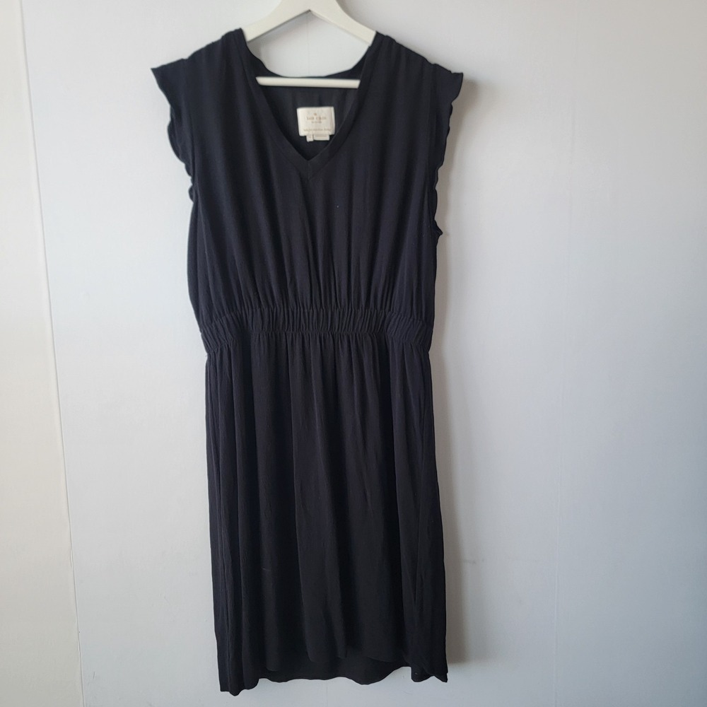 Kate Spade Women's Fluid Crepe V-Neck Dress 14 Black Flutter Sleeve Classic